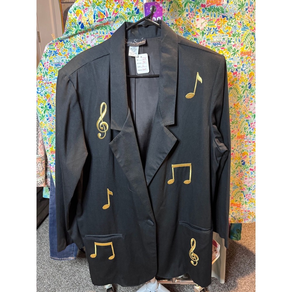 092 Barrie Stephens Vintage Music Note Embroidered Black Blazer Jacket L NWT USA